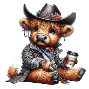 10 png-stijl cowboykoe png – clipart van hooglanders met koffie – schattige westerse babystier met hoed voor sublimatie, mokken, stickers, kinderknutsels