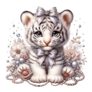15 PNG élégant bébé tigre blanc PNG Clipart - bébé tigre mignon avec perles et noeuds - téléchargement numérique pour travaux manuels par sublimation