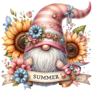 10 zomerkabouter PNG-clipart - schattige kabouter met zonnebloemen en bloemendecor - grillige seizoensillustratie
