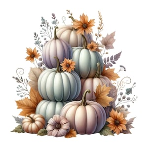 12 Clipart PNG di zucca pastello, eleganti zucche autunnali con fiori, illustrazione ad acquerello del raccolto autunnale