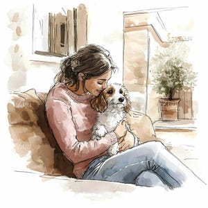 24 JPEG Girl with Puppy on Couch JPG Clipart, Cute Pet Dog and Woman Illustration, Relaxing Indoors Digital Art Scene