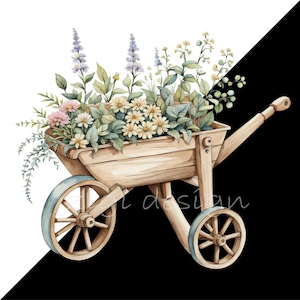 May include: A wooden wheelbarrow filled with a variety of colorful flowers, including lavender, yellow daisies, and pink flowers. The wheelbarrow is on a white and black background.