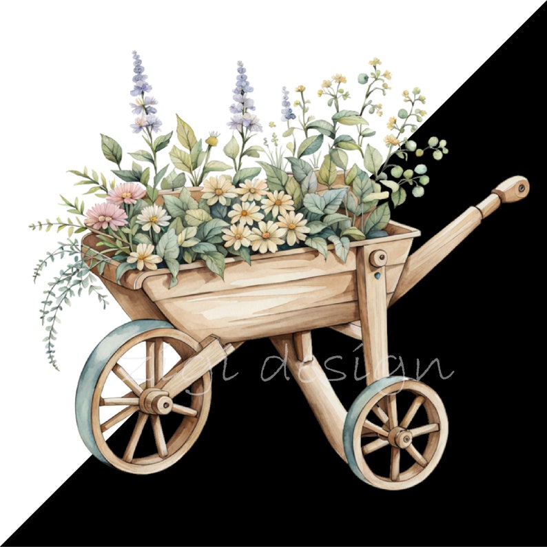 May include: A wooden wheelbarrow filled with a variety of colorful flowers, including lavender, yellow daisies, and pink flowers. The wheelbarrow is on a white and black background.