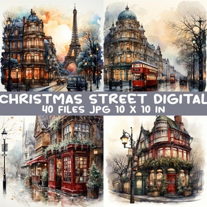 40 JPEG European Christmas street – Winter city JPG clipart – digital files with shops, snow, landmarks, holiday scenes 10x10 inch