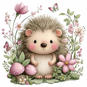 Könnte beinhalten: Eine bezaubernde Illustration eines Igels, umgeben von rosa Blumen, Schmetterlingen und Pilzen. Der Igel hat einen hellbraunen Körper, einen stacheligen Rücken und rosige Wangen. Das Bild hat eine skurrile, märchenhafte Qualität.
