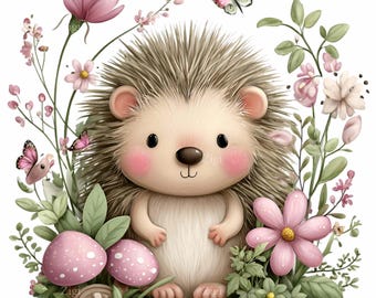 16 PNG Woodland Hedgehog Art – Spring PNG Clipart – Cute Animal Graphic for Nursery Decor, Baby Shower, Kids Crafts, Sublimation Use