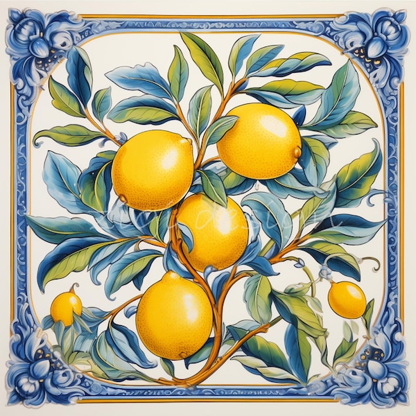 Paquete de imágenes prediseñadas de azulejos de limón, 10 azulejos azules portugueses de Azulejo mediterráneo, imágenes de acuarela de papel digital