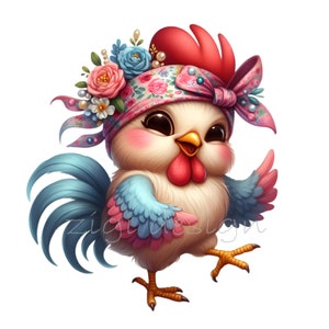 12 imágenes prediseñadas de pollo con flores PNG, adorable gallina con pañuelo en la cabeza y flores, linda descarga digital para manualidades y decoración