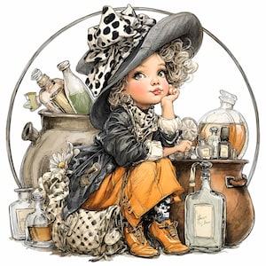 14 PNG Potion Witch Clipart – Girl Alchemist PNG – Vintage Halloween Art for Labels, Tags, Apothecary Crafts, Sublimation
