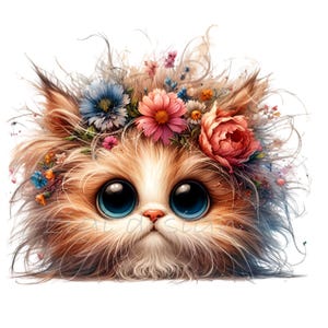 12 PNG Couronne de fleurs chaton PNG Clipart, Art de chat grands yeux bleus, aquarelle bébé chat avec des fleurs, conception de sublimation pour animaux de compagnie mignon