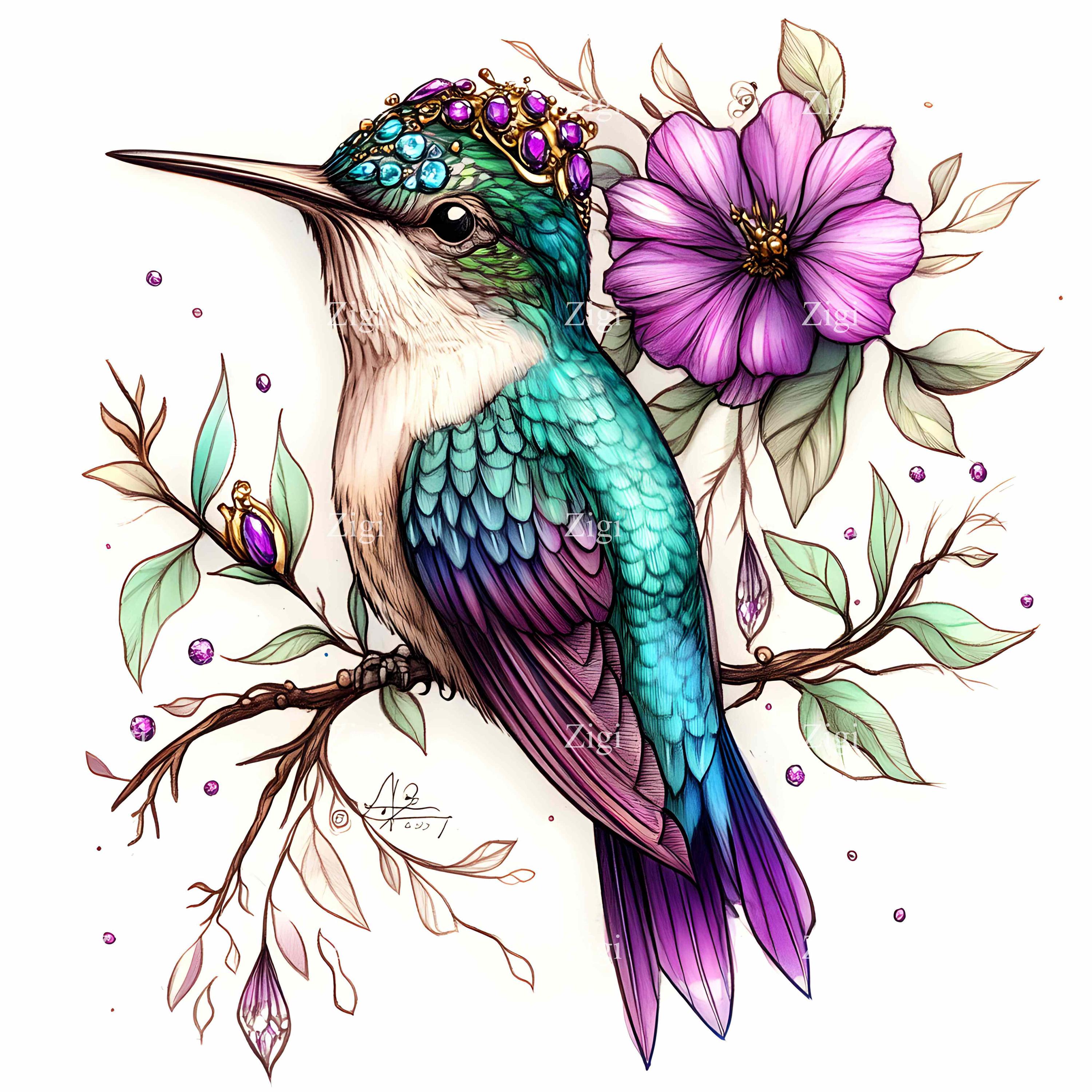 20 JPG Whimsical Bird Clipart – Floral Hummingbird Art