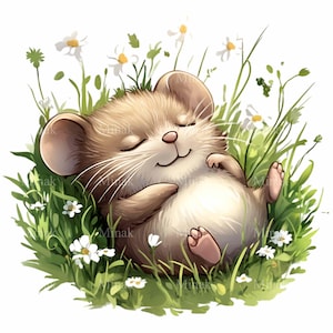 May include: A charming cartoon illustration of a light brown mouse relaxing in a bed of green grass and white daisies. The mouse is smiling with its eyes closed, looking peaceful. The image has a soft, watercolour style.