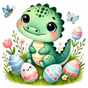 10 cliparts PNG dinosaure mignon avec oeufs de Pâques et papillons - adorable illustration printanière pour travaux manuels et décoration