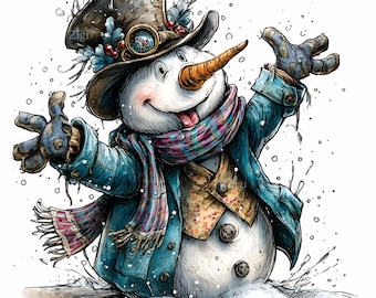 15 imágenes PNG de muñeco de nieve steampunk, gafas y sombrero de copa de invierno.
