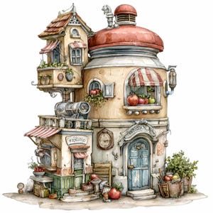 14 PNG Nyckfull äppelbutik, sagobokfruktstuga, förtrollad byfantasi