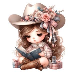 May include: A young girl with long brown hair wears a pink and white gingham dress and a brown cowboy hat with pink flowers. She is sitting with her legs crossed and reading a blue book. She has a small gift box and a jar of blue beads beside her.