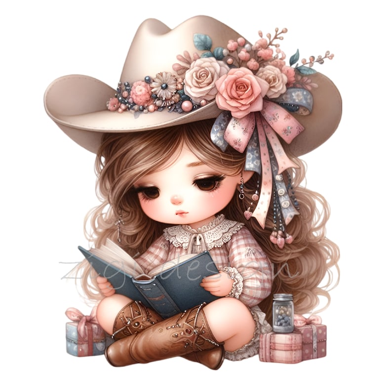 May include: A young girl with long brown hair wears a pink and white gingham dress and a brown cowboy hat with pink flowers. She is sitting with her legs crossed and reading a blue book. She has a small gift box and a jar of blue beads beside her.