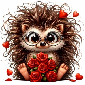 12 cliparts PNG hérisson avec des lunettes et des roses - téléchargement numérique - illustration mignon de hérisson avec des coeurs