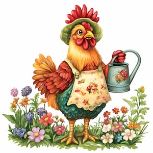 12 cliparts PNG de coq de jardinage - coq coloré en tablier et chapeau avec arrosoir - art printanier de la ferme pour la sublimation