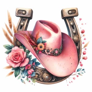 12 sombreros de vaquera rosas con herraduras PNG Clipart, ilustración de sombrero occidental floral, arte de decoración rústica del campo