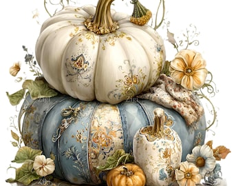 12 PNG Blue Pumpkin Watercolor, Elegant Fall Harvest Clipart