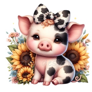 Clipart di maialino, clipart di fiocco con stampa animale, 12 PNG di maialino con girasoli e pelliccia di ghepardo, maglietta per bambini, tazza per stampa a sublimazione, planner