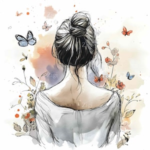 24 JPEG achteraanzicht meisje met broodje clipart JPG | Vrouw omringd door vlinders en bloemen | Vrouwelijke aquarelillustratie