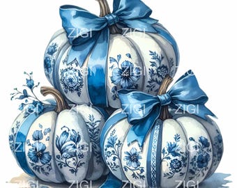 14 PNG Blue Floral Pumpkin Clipart – Elegant Fall Sublimation Design