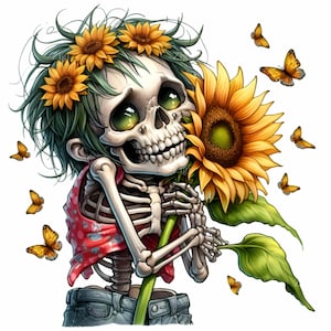 12 PNG fille squelette lunatique avec tournesol PNG Clipart, couronne de fleurs et papillons, Art de sublimation gothique mignon d'été