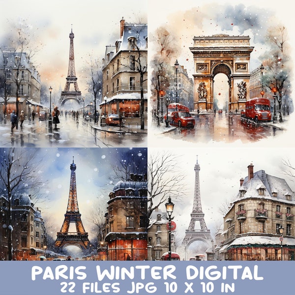 Paris Junk Journal Pages Watercolor Winter Digital Scrapbook, Parisian Printable Collage Sheet