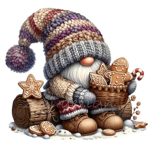 12 Clipart PNG di gnomi natalizi - Gnomo invernale con cesto di biscotti di pan di zenzero e cappello lavorato a maglia - Design a sublimazione per le feste