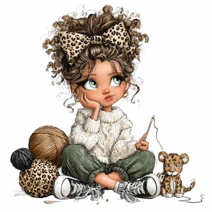 Può includere: Illustrazione di una bambina con capelli castani ricci e un fiocco leopardato, che indossa un maglione bianco e pantaloni verdi. È seduta a gambe incrociate, tenendo un ago e del filo, con gomitoli di lana e una palla leopardata accanto a lei. Un leopardo di peluche è vicino.