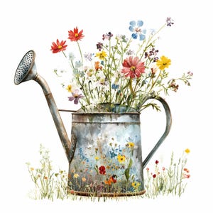 28 JPEG Wildblumen Gießkanne Clipart JPG, rustikaler Garten Blumendruck, Vintage Frühlingsblumenstrauß Digital Art