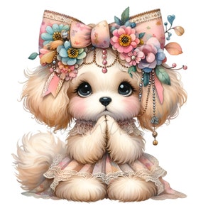 15 Clipart chiot mignon PNG, Illustration florale de chien avec noeud papillon, Art adorable chiot fantaisie pour travaux manuels et décoration