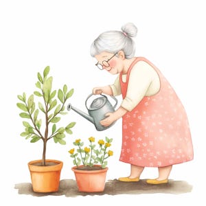 16 Clipart PNG di nonna che fa giardinaggio, donna anziana con annaffiatoio e piante in vaso, illustrazione di giardino primaverile per artigianato e stampe