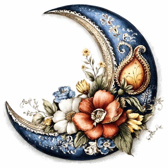 16 Floral Crescent Moon Png, Blue Gold Vintage Sublimation Celestial Frame Art