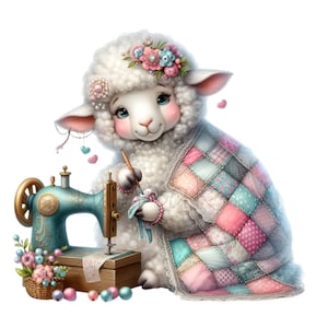 May include: A white fluffy lamb wearing a pink and blue patchwork quilt and a flower crown is holding a paintbrush and a small doll. The lamb is sitting next to a vintage blue sewing machine on a wooden table.