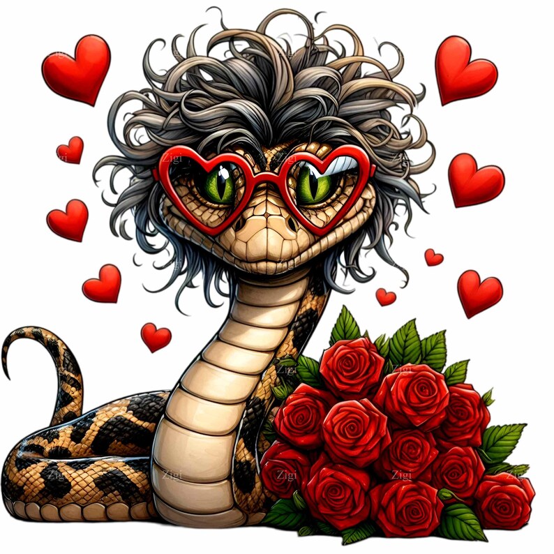 Quirky Snake With Roses PNG Clipart 12 Cute Snake in Heart Glasses