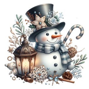 15 Clipart PNG di pupazzo di neve di Natale: simpatico pupazzo di neve con cappello a cilindro, lanterna, bastoncino di zucchero, sciarpa, fiori, fiocchi di neve e pigne