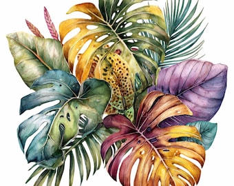 May include: Watercolor illustration of tropical leaves in shades of green, yellow, orange, and purple. The arrangement includes monstera leaves with distinctive holes, palm fronds, and other foliage, creating a vibrant botanical design.