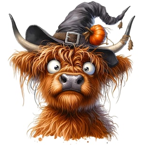 15 PNG di Halloween con mucca delle Highlands - Divertente design di zucca con cappello da strega - Clipart di animali autunnali rustici per sublimazione e decorazioni autunnali