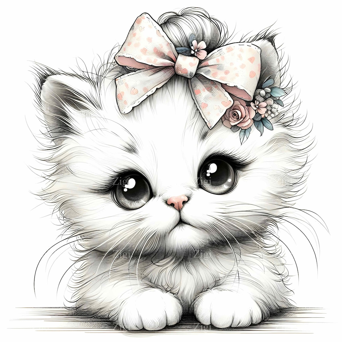 15 JPEG Cute Kitten Clipart With Big Eyes and Floral Bow, Baby Cat JPEG ...