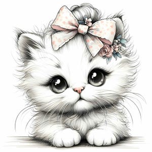 15 JPEG Cute Kitten Clipart With Big Eyes and Floral Bow, Baby Cat JPEG ...