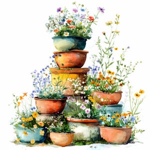May include: A watercolor painting of a stack of terracotta flower pots with various colorful flowers growing in them. The pots are stacked on a stone ledge and surrounded by greenery.