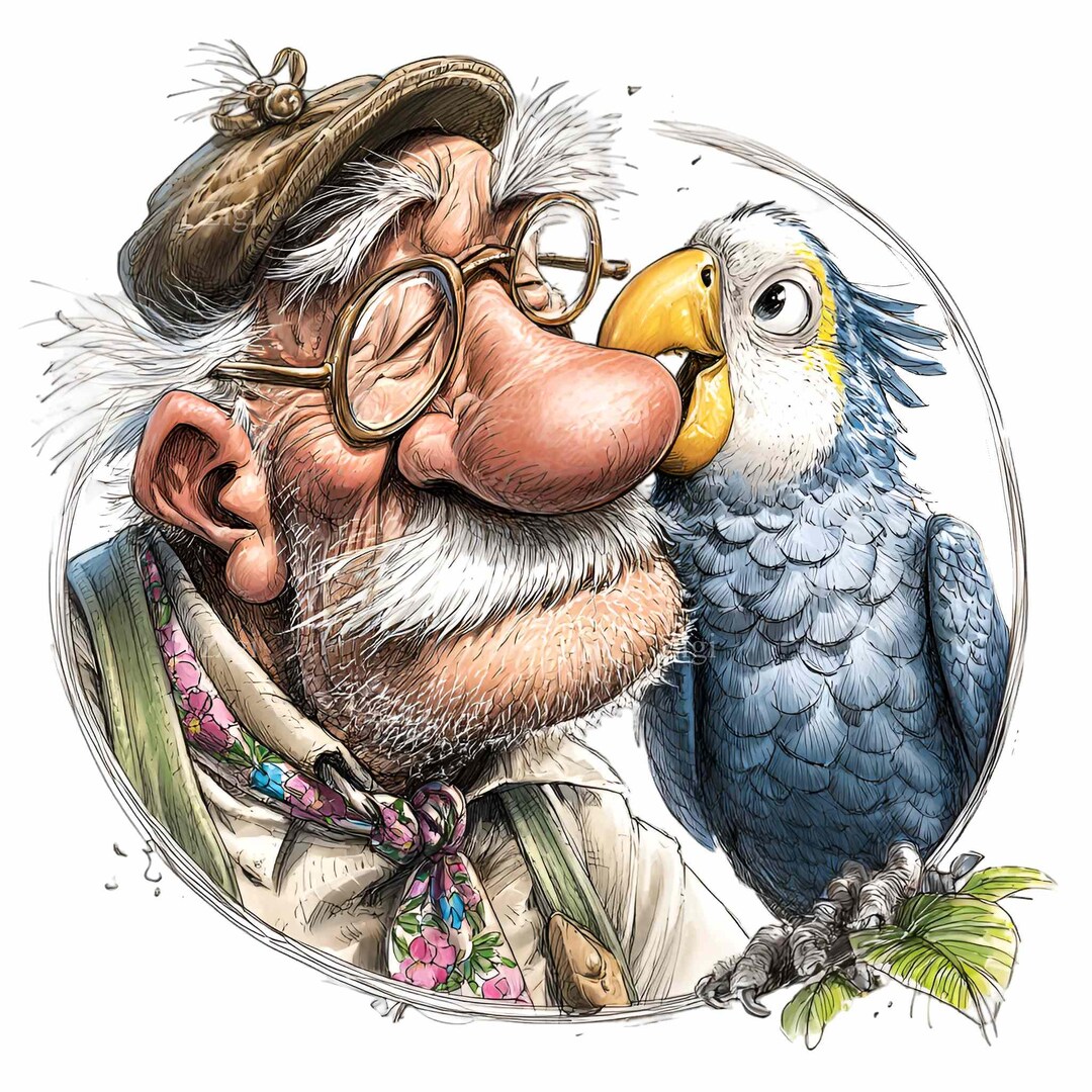 10 PNG Old Man With Blue Parrot Clipart, Whimsical Bird Lover, Senior ...