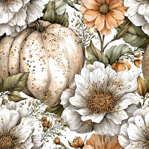 May include: A seamless pattern featuring a white pumpkin, white and orange flowers, and green leaves. The design has a watercolor effect with gold speckles, creating a fall or autumn theme. The floral elements include large, detailed blooms.