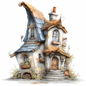 Peut inclure: Illustration à l'aquarelle d'une maison fantaisiste avec un toit incurvé et une cheminée. La maison présente une façade en pierre, des fenêtres cintrées et une porte en bois. Le toit est un mélange de tuiles bleues et marron, et le style général est féerique.