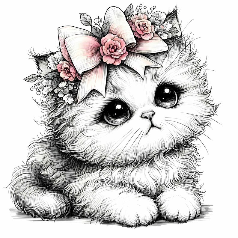 15 JPEG Cute Kitten Clipart With Big Eyes and Floral Bow, Baby Cat JPEG ...