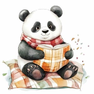 20 imágenes prediseñadas de un lindo panda leyendo un libro en formato JPEG: ilustración de otoño, arte animal adorable en formato JPG