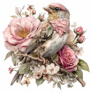 May include: A watercolor illustration of a bird perched on a branch, surrounded by pink roses and other flowers. The bird has pink and brown feathers, with a yellow beak. The flowers are in various shades of pink and white, with green leaves.